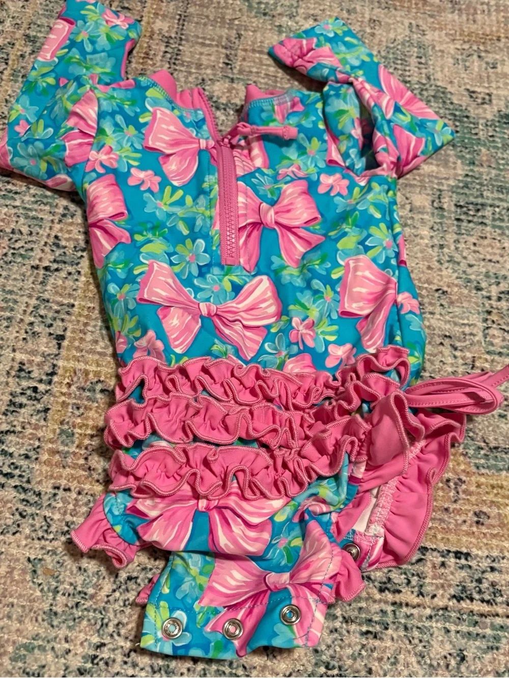Caden Lane Long-Sleeve Bow Print One-Piece Swimsuit - Pink & Blue